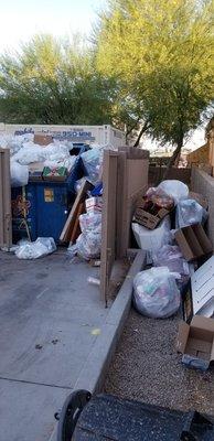 Dumpster overflowing in the back.