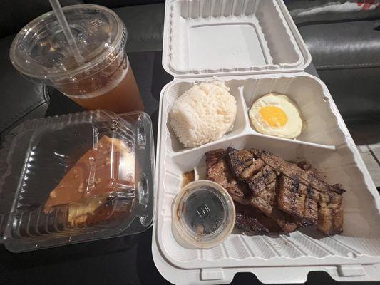 Liempo, iced tea, leche flan