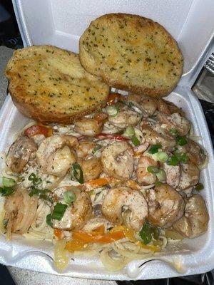 Shrimp Alfredo with Sautéed Peppers & Onions!