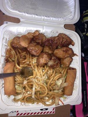 Orange Chicken lunch special with chow mien substitute. You get two egg rolls so no need to order a separate order of egg rolls. It was good