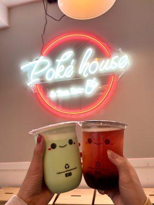 honeydew milk tea ($4.25). + strawberry green tea w/ boba ($4.95)