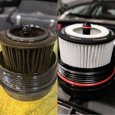 Old vs new cartridge oil filter, filters the oil keeping it as clean as possible!