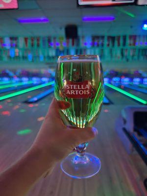 Bowling at night, Stella beer