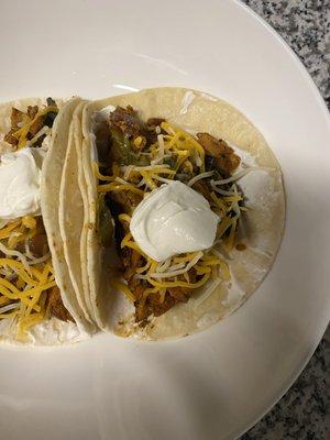 Chicken Fajitas on Corn Tortillas, with Mixed Cheese and Sour Cream :-)