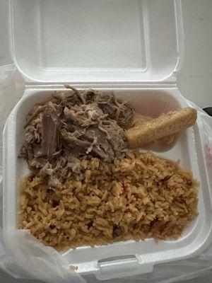 Combo plate: rice, pork, fried yuca. $6.99.