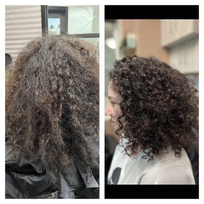 before and after OUIDAD speciality haircut and prescription of Ouidad product to achieve a frizz free moisture balanced curly doo