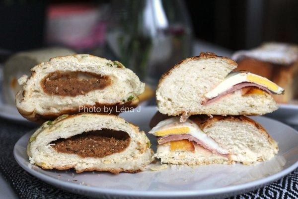 Inside of Scallion & Pork Floss Bolo Bun ($3.50) and Egg & Ham Bolo Bun ($3.75) - both much sweeter than expected. Just OK