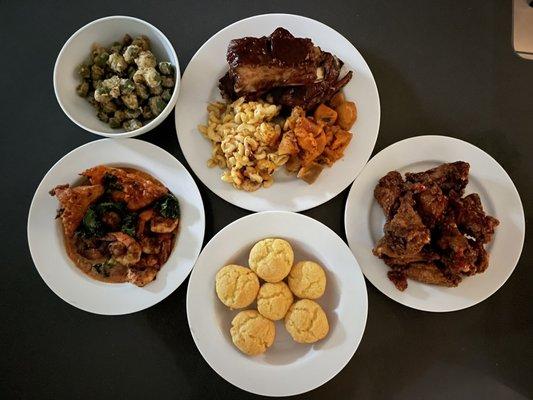 Country Fried Chicken Wings, fried okra, Cornbread Basket, Shrimp & Grits, Neighborhood Combo Meal