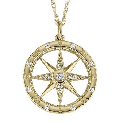 14k yellow gold and diamond compass pendent.  Made in the USA.