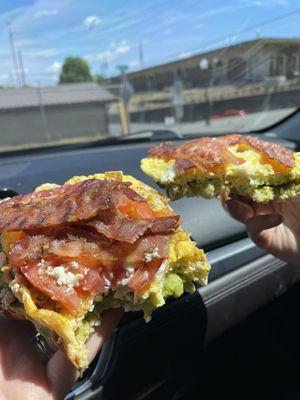 Avocado toast add bacon & tomato. The one on the right is avocado, egg & bacon only. Great way to start the day.