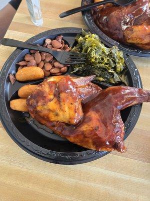 Half a chicken(smoked) w/collards, butter beans and hushpuppies.