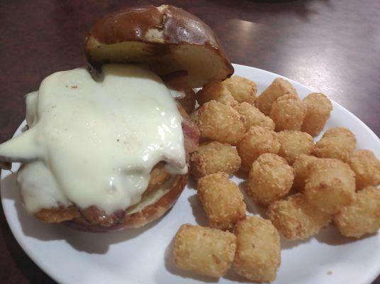 Crispy chicken bacon swiss with tator tots.