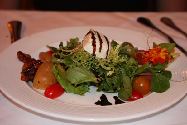 Goodstone's Garden Beet Salad: garden lettuces, montrachet goat cheese, candied walnuts, aged balsamic reduction