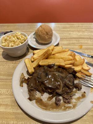 Chopped steak with gravy (fried onions and mushrooms), steaks fries, Mac n Cheese, salad (not pictured) for $13.49!