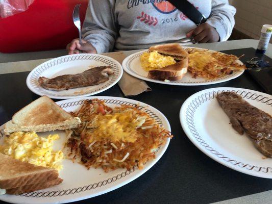 Steak and cheesy eggs with hasbrowns