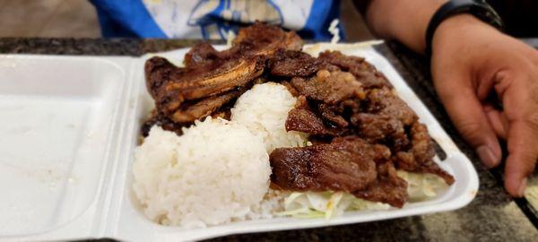 Half and half combo with BBQ beef and pork with rice and Mac salad