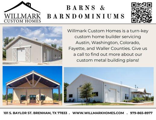 Whether you need a shop, guest house or a barndominium, Willmark Homes offers customizable plans that can be built as stand-a...