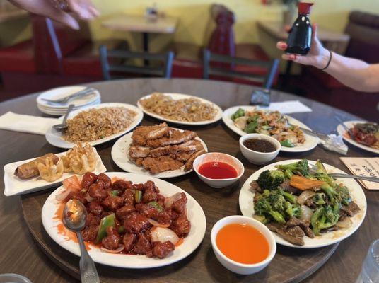 Sweet-and-sour pork, lemon chicken, broccoli beef, cashew chicken, pork fried rice, chicken chow mein, crab and cheese Rangoon's