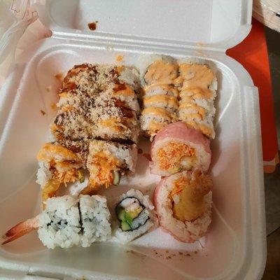 Godzilla roll, spicy Cali and pink roll.  Great