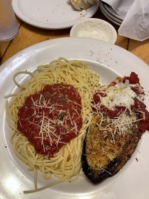 Eggplant Parmigiana with a side of Spaghetti