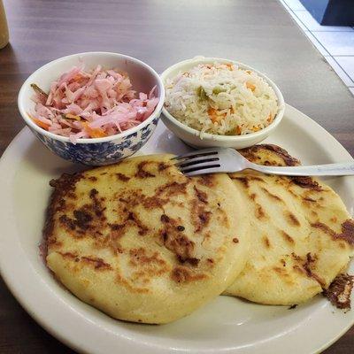 Cheese pupusa, bean & cheese pupusa, side of rice and curtido