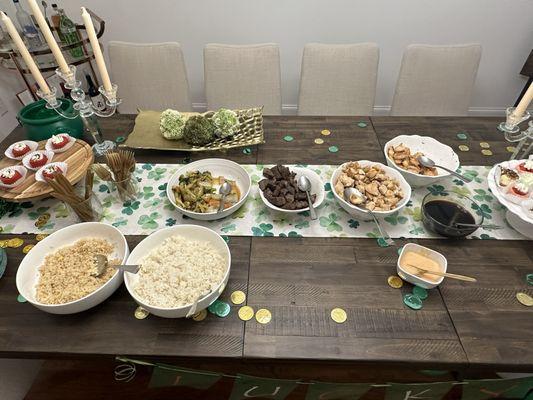 Steak, chicken, shrimp , white rice, hibachi rice, veggies and sauces.