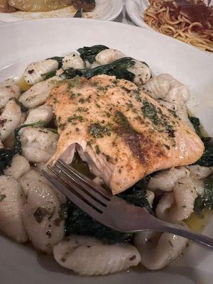 Salmon and spinach over homemade gnocchi