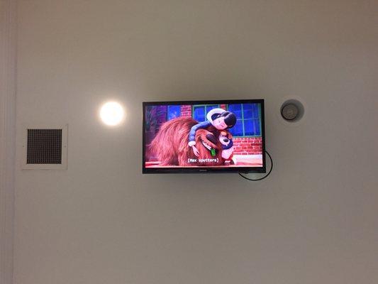 The ceiling-mounted television playing "The Secret Life of Pets".