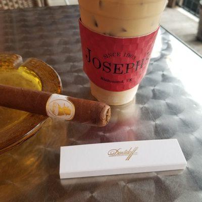 A Davidoff Churchill robusto & Texas Pecan iced coffee.