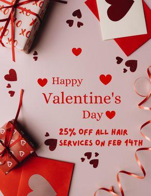 Indulge in our Valentine's Day offer on Feb 14th Only - enjoy a stunning 25% discount on all hair services! Book online!