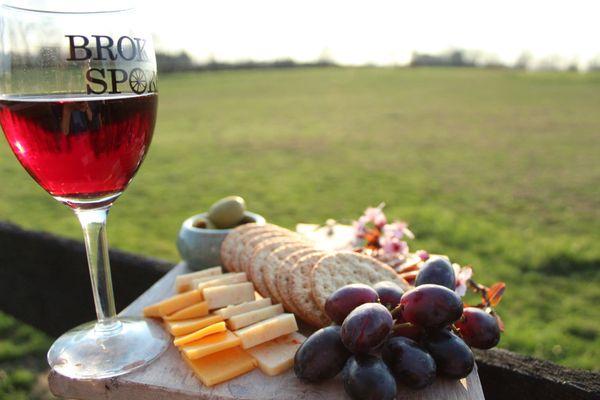 This is a sample of our cheese and wine selection, however when served, our cheese trays are a larger size and our glasses are stemless.