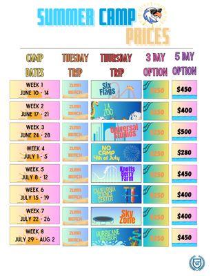 Summer camp weekly rate and 3 day rates