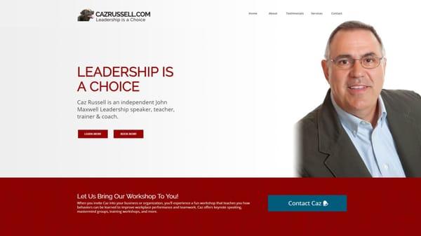 Caz Russell is a John Maxwell Certified Leadership Trainer. The top of his new homepage on desktop.