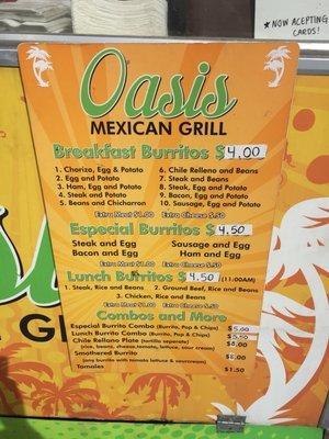 Oasis Mexican Grill - May 2018 - Now accepting credit cards! Prices also went up $0.50.