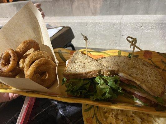 Turkey club and onion rings