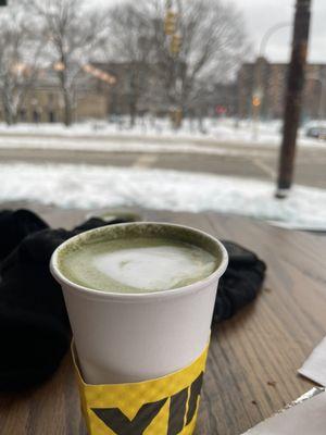 Hot matcha latte. 1/5.