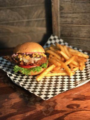 The Maine- fried chicken, lettuce, tomato, southwest corn salsa, blueberry aioli.