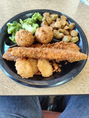 Seafood Trio with Broccoli and Fried Okra