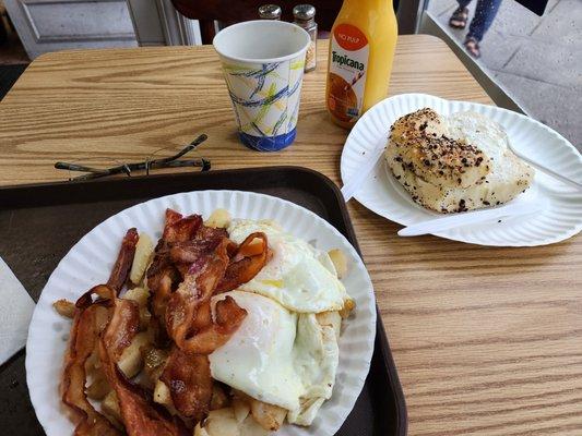 All American breakfast special. Two eggs, homefries, bacon, and everything bagel with butter. Classic breakfast at Three Star Bagels!