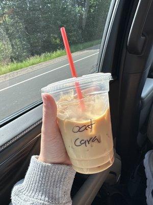 Iced latte with oat milk and caramel