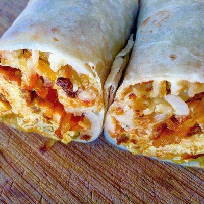 Egg, Green Chile & Cheese Breakfast Burrito or Organic Bean, Rice & Cheese Burrito.