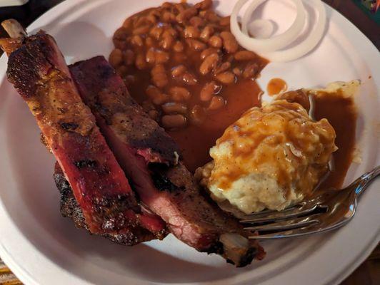 Don't sleep on their ribs. Potato salad is still best around... And yes, BBQ sauce on top AND in beans. Don't knock it til you try it