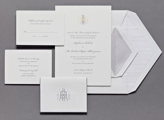 Introducing Crane & Co. "Pearl White with Ink Edge Suite".  A stunning example of simplicity with the right amount of panache!