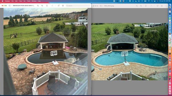 Before/after photos of pool following huge storm and Pooltek restoration.