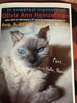 Olivia's Memorial card.