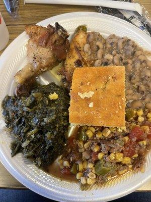 Black eyed peas, greens, corn mixture, and baked chicken