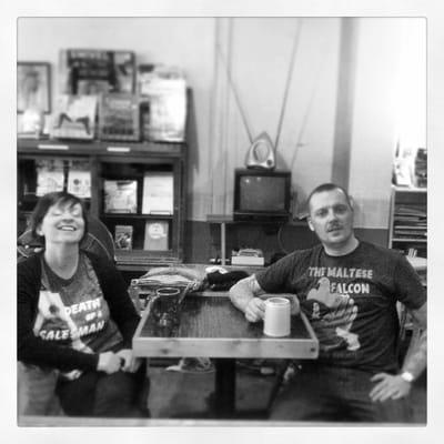 Wifey and I enjoying two americano at the Kerouac kafe in Columbus Ohio. Nerd factor alert.... Two unplanned literary shirts.