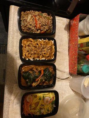 My takeout - from left to right Kao Pad Kra Prow (ground chicken), Pra Ram Long Song, 58. Thai Time Wings, and Mango Salad