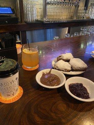 3 beignets with side of Nutella & jelly.