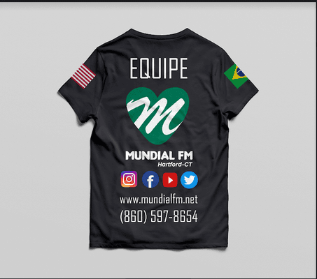 Brazilian FM Mundial Radio Station STAFF T shirts. Keep in mind sleeve printing requires expertise which you will find here at Maximus.